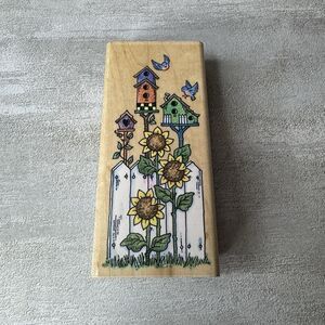 Stampendous 1997 Wood Mounted Rubber Stamp Birdhouse Sunflower